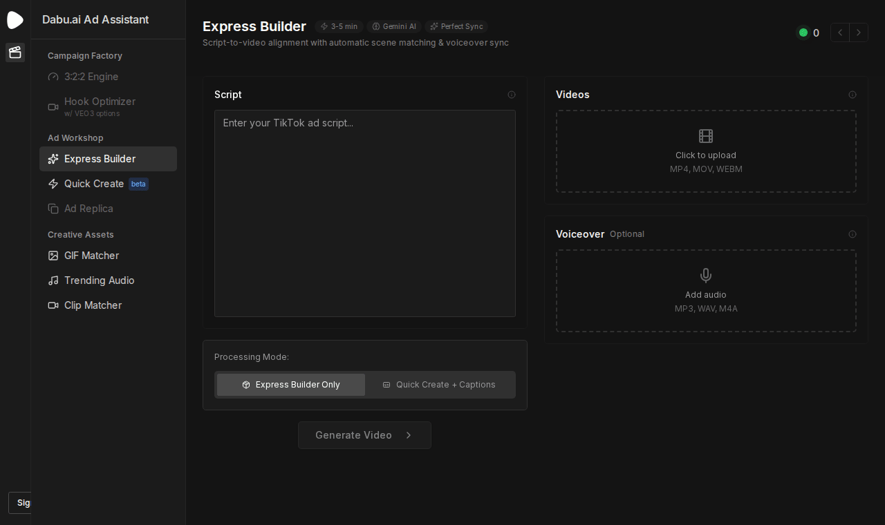 Dabu Express Builder: a four-line script is typed, four clips and a voiceover are added, the job processes, and the results page shows the cut ad with a scene breakdown, then Clip Studio finds stock moments for each line.